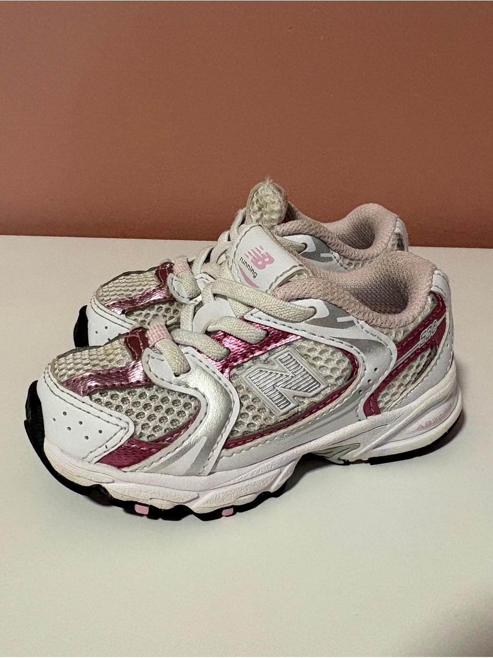 New Balance Kids White and Pink Mesh Athletic Sneakers